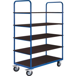 Blauer Profi Etagenwagen mit 5 Böden aus Holz, max. 300 kg Tragkraft, ideal für Baugeräte.
