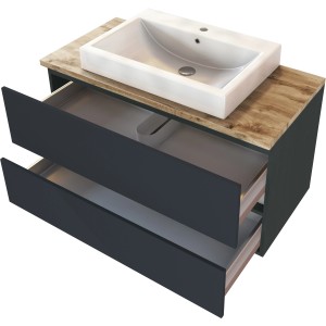 Held Möbel Einzelwaschtisch Ferrara, 100 cm, Grau Matt, mit offenem Schubladen und Keramikwaschbecken.