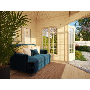 Innenansicht: Palmako Holz-Pavillon Melanie mit Fußboden, Sofa und Fenster.