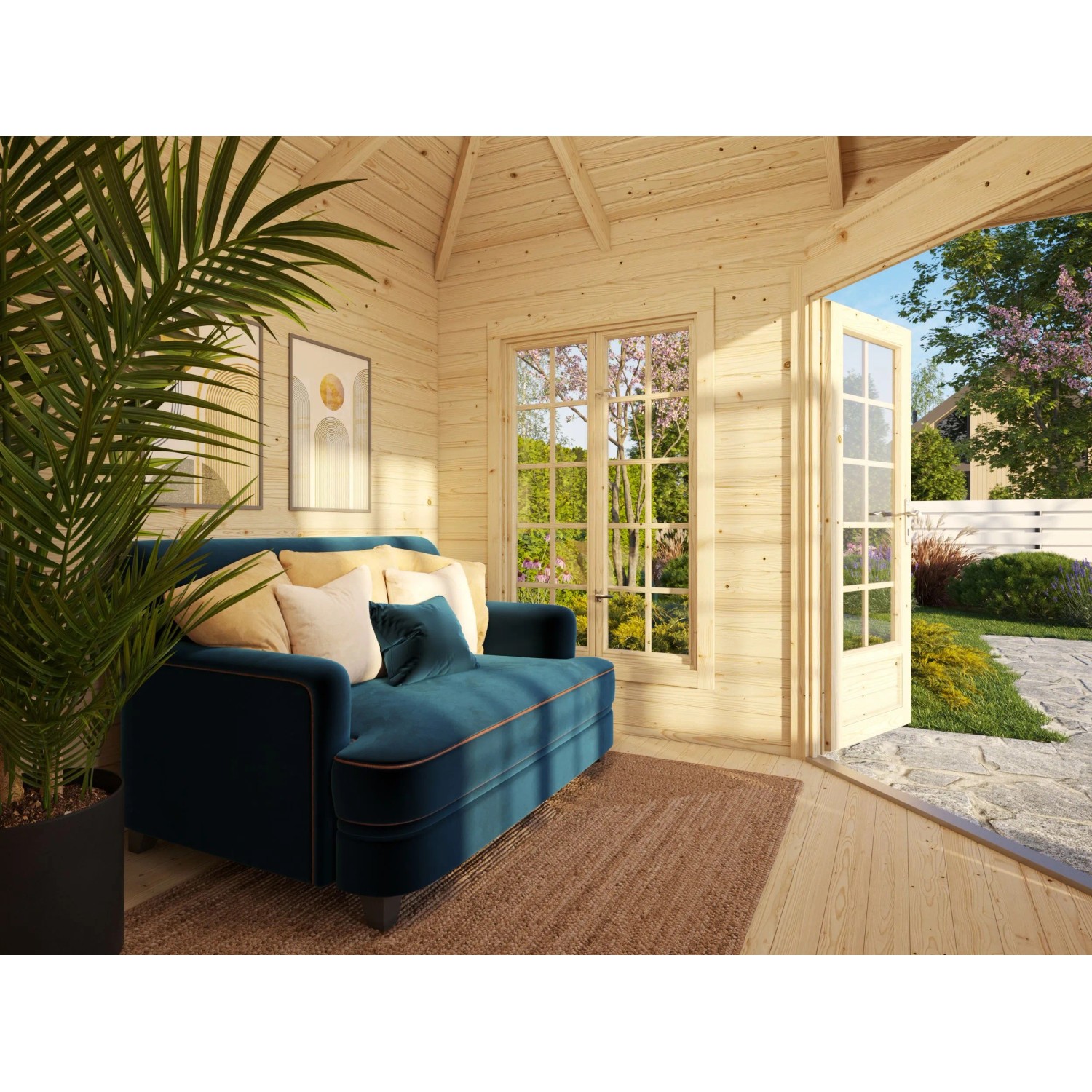 Innenansicht: Palmako Holz-Pavillon Melanie mit Fußboden, Sofa und Fenster.