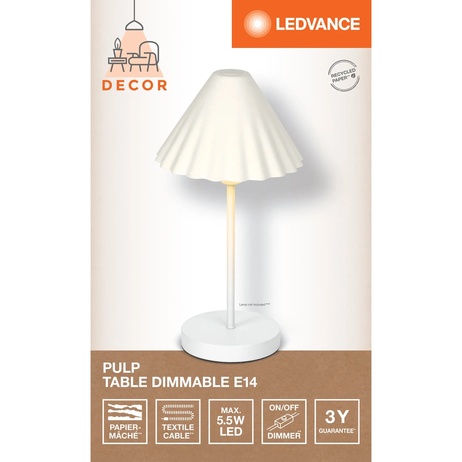 Weiße Ledvance Decor Pulp Tischleuchte, dimmbar, 41,5 cm hoch. Design-Tischlampe mit E14 Fassung.