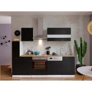 Respekta Küchenzeile KB250WS, 250 cm, schwarz-weiß mit E-Geräten und Nussbaum Arbeitsplatte.