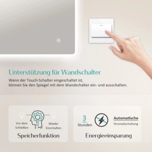Hand betätigt Wandschalter neben LED-Badspiegel mit Touchschalter. Zeigt Speicherfunktion und automatische Stromabschaltung.