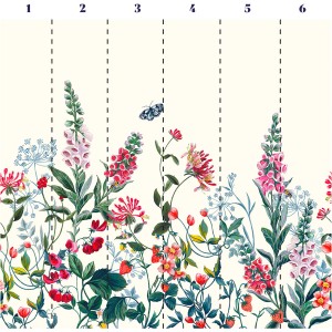 Joules Fototapete Permaculture Garden: Blumen, Erdbeeren und Schmetterling auf creme-farbenem Grund.