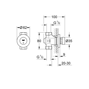 Technische Zeichnung: Grohe Euroeco CT Selbstschluss-Ventil für Waschbecken, Chrom, mit Maßangaben.