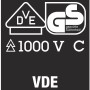 Symbolbild: VDE/GS Zeichen für geprüfte Sicherheit und 1000V Isolierung des Wera Schraubendrehers.