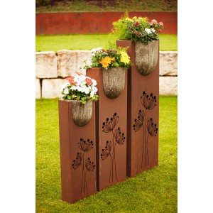 Ferrum Art Design Säulen-Set Stone, 3 Rostsäulen mit Kalkbetontöpfen, bepflanzt, Gartendeko.