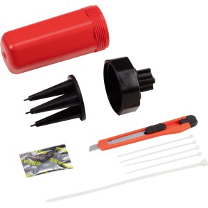 Dosenmuffen-Set IP68, 10-teilig: Muffe, Kabelbinder, Gleitmittel, Cutter, Montageanleitung für Kabelverbindungen.