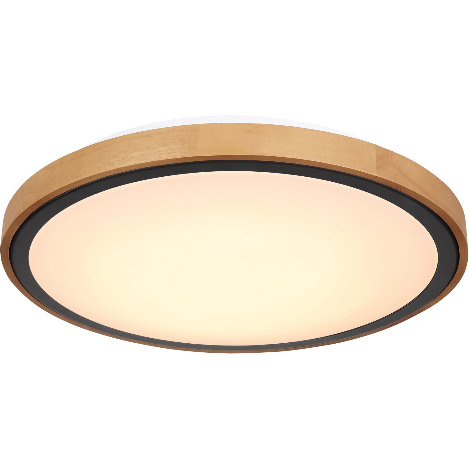 Globo LED-Deckenleuchte Bruno, schwarz matt, mit Holzrahmen, 437 mm Durchmesser.