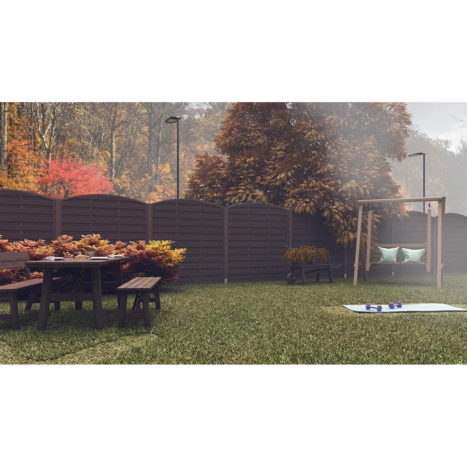 Sichtschutzzaun München, pinienfarben, 180/195x90 cm, im Garten mit Möbeln und Schaukel.