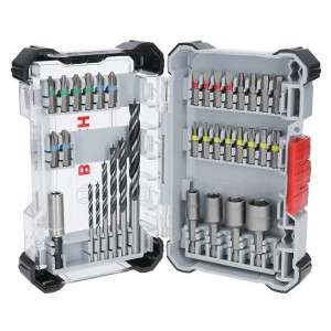 Bosch Schrauber-Bit und Holzbohrer Set Pro Wood, 35-teilig im geöffneten Koffer.