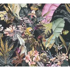 Vliestapete mit Blumen, Tieren, Dschungel-Motiv in Schwarz und Rosa.