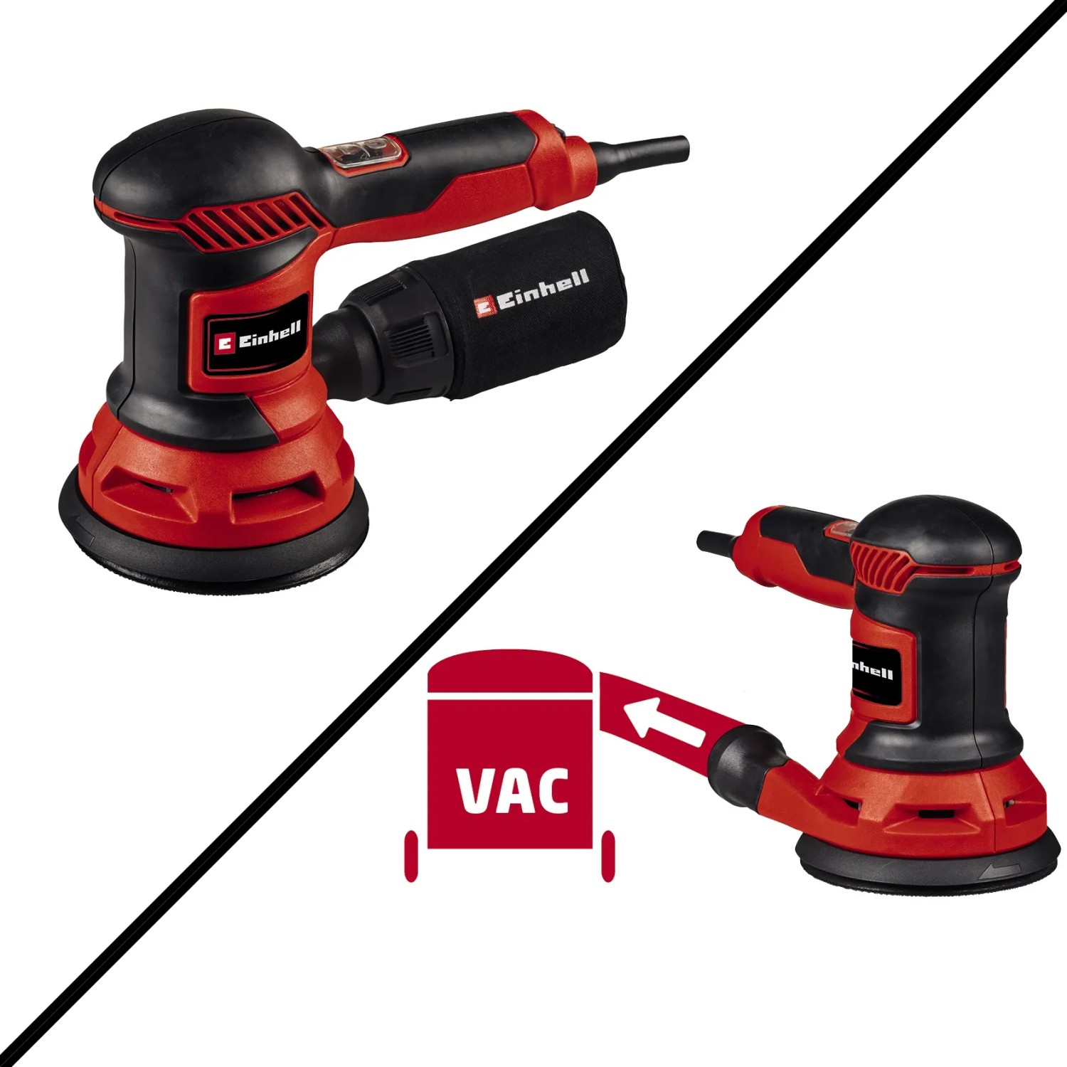 Einhell TC-RS 425 E Exzenterschleifer in Rot/Schwarz mit Staubfangsack und Absaugadapter.