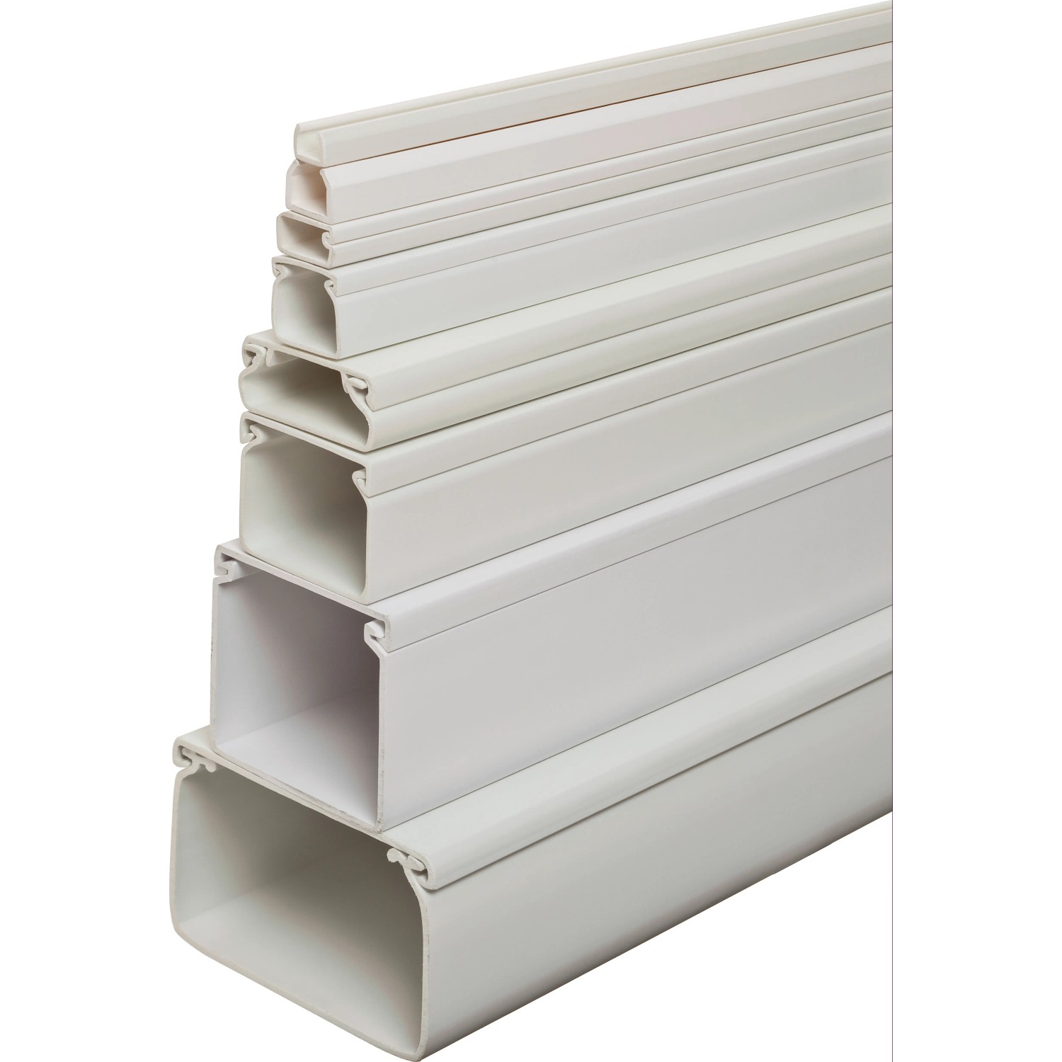 Weisse Mini-Kabelkanäle in verschiedenen Grössen, selbstklebend mit Deckel.