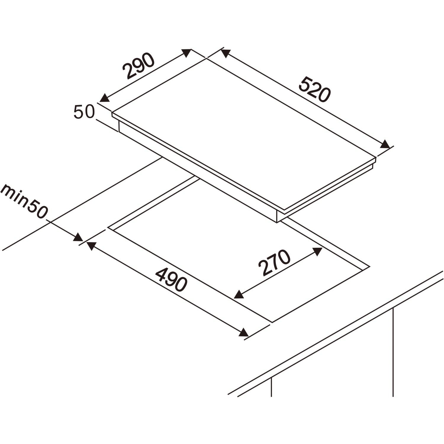 Maßzeichnung Respekta KM9130T-28 Glaskeramikkochfeld, rahmenlos, mit Abmessungen für Einbau.