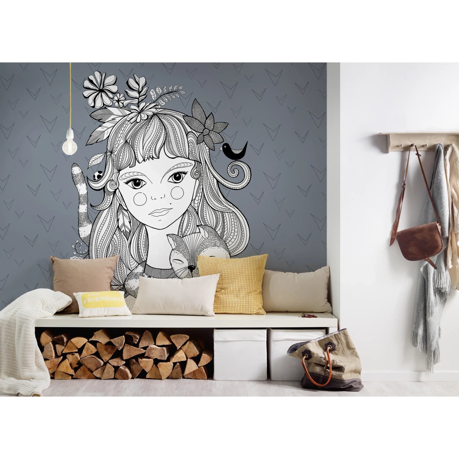 Fototapete Mädchen mit Katze, Grau, Blau, Weiß, 4,00 m x 2,70 m, FSC®-zertifiziert.