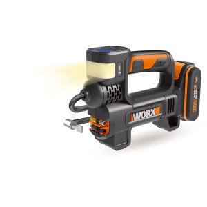 Worx Akku-Kompressor WX092 20V mit LED-Lampe und digitaler Druckanzeige.
