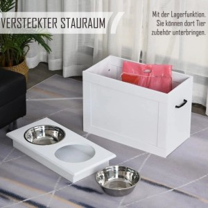 Weißer PawHut Fressnapf mit zwei Edelstahlnäpfen, erhöhtem Design und verstecktem Stauraum für Tierfutter.
