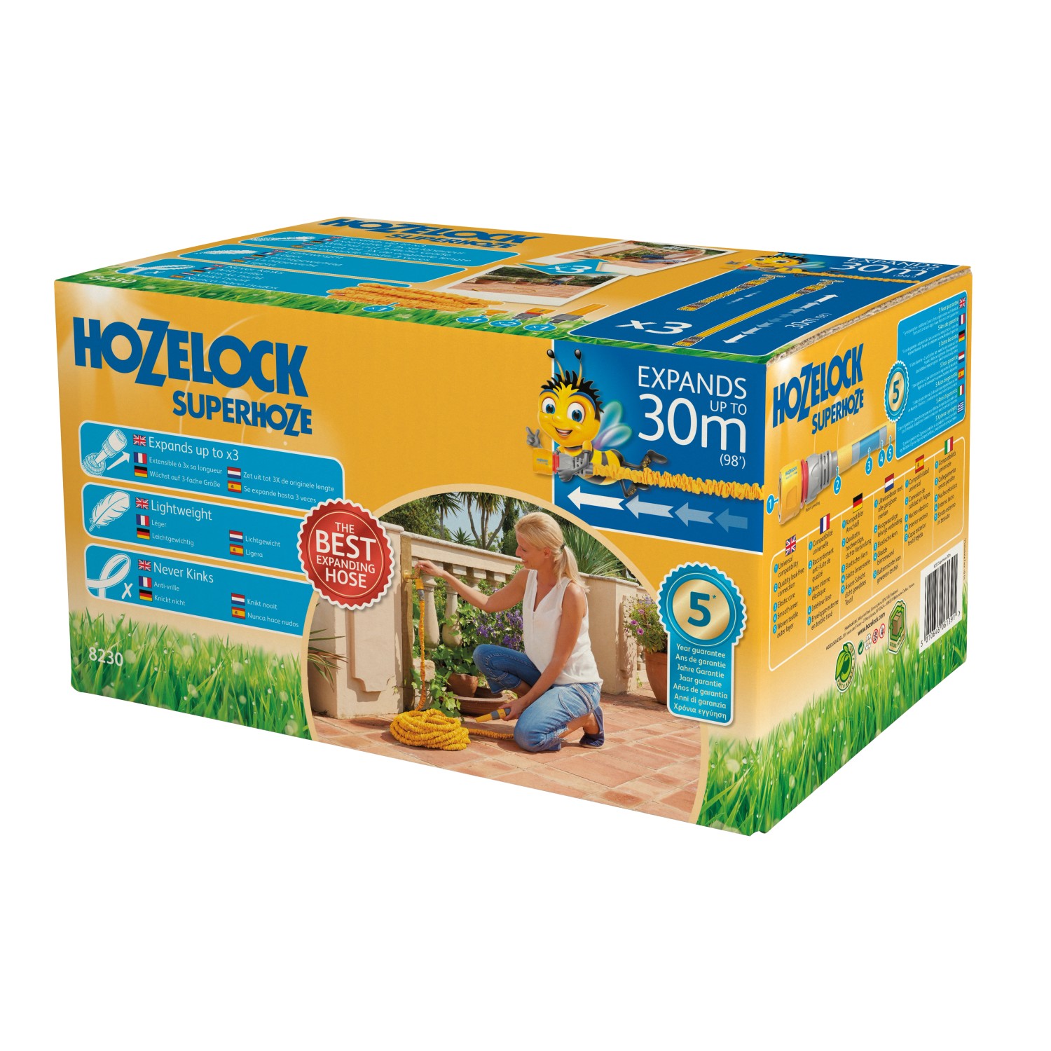 Verpackung des Hozelock SuperHoze Gartenschlauchs, dehnbar bis 30m, mit Frau und Gartenszene.