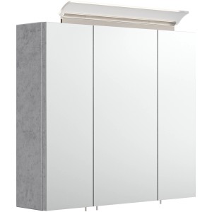 Posseik Spiegelschrank in Beton-Optik, 70 cm breit, mit drei Softclose-Türen und Aufsatzleuchte.