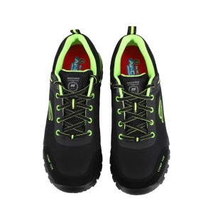Skechers Strigax Gatlon Herren Sicherheitsschuhe S3L, schwarz mit leuchtend limettengrünen Akzenten und Schnürsenkeln.