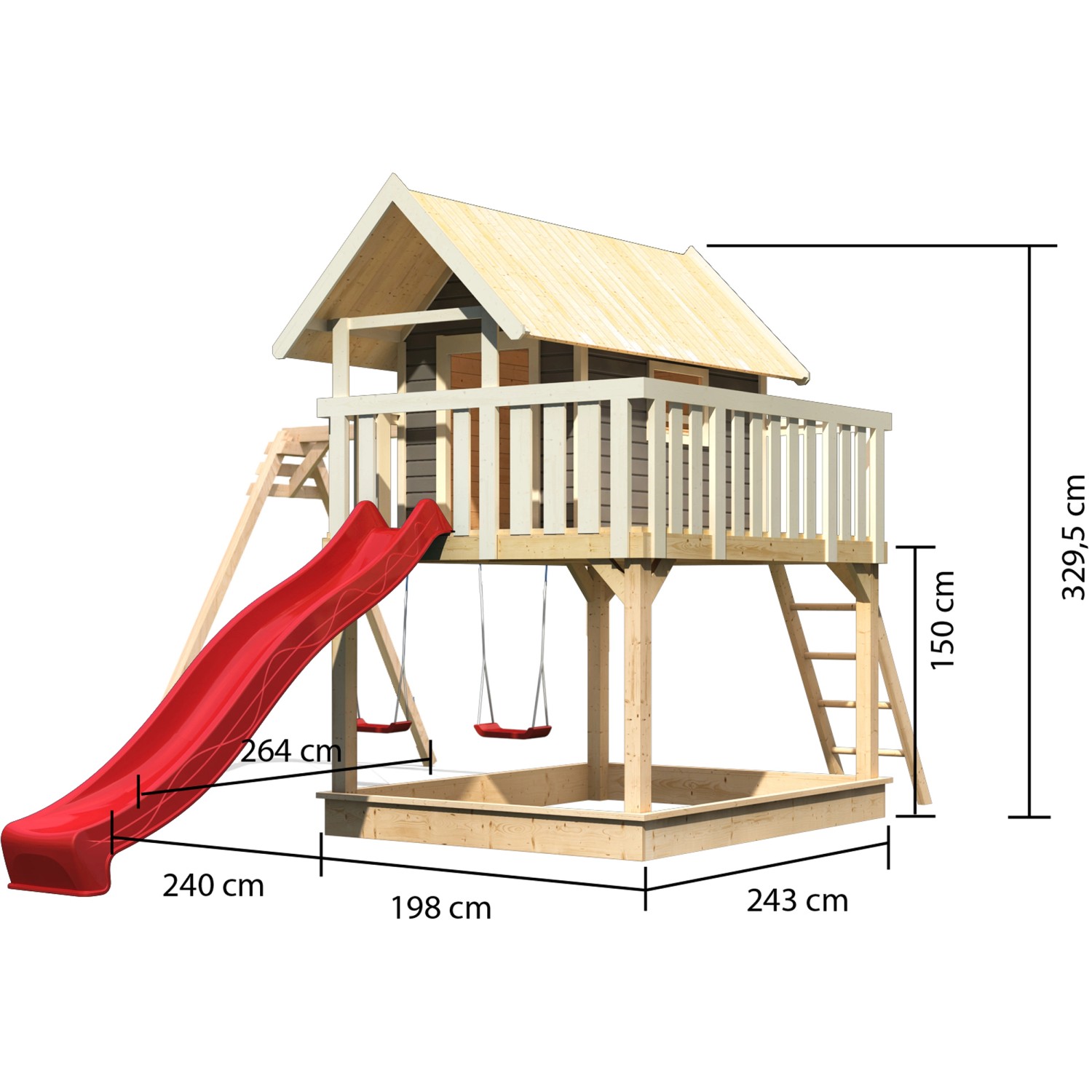 Karibu Stelzenhaus Fidel terragrau mit roter Rutsche und Doppelschaukel. Spielhaus aus Holz mit Leiter.