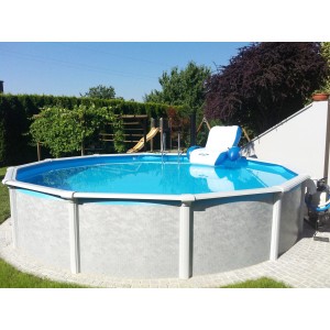 Steinbach Stahlwandpool-Set Grande, Ø 366 cm, mit Pool-Zubehör und blauem Wasser.