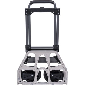 Zusammengeklappte, graue Sackkarre mit schwarzem Griff und Ladefläche, Nutzlast 100 kg.