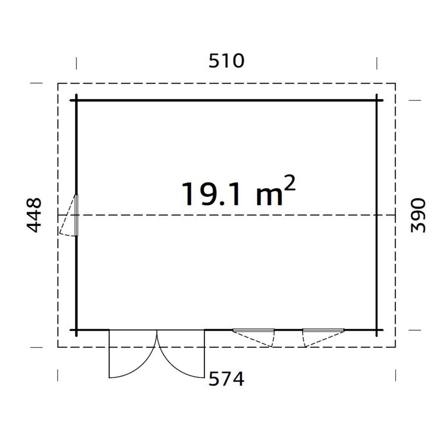 Grundriss Palmako Iris Holz-Gartenhaus, 510x390 cm, hellbraun, mit Maßen und Türposition.