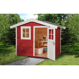 Schwedenrotes Holz-Gartenhaus mit Satteldach, Fenster und offener Tür. Ideal als Gartenhaus 123 Gr.2.