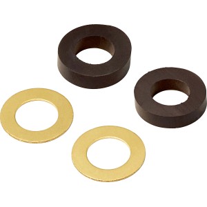 Quetschdichtungs-Set 3/8: Zwei braune Dichtungsringe und zwei goldene Unterlegscheiben.