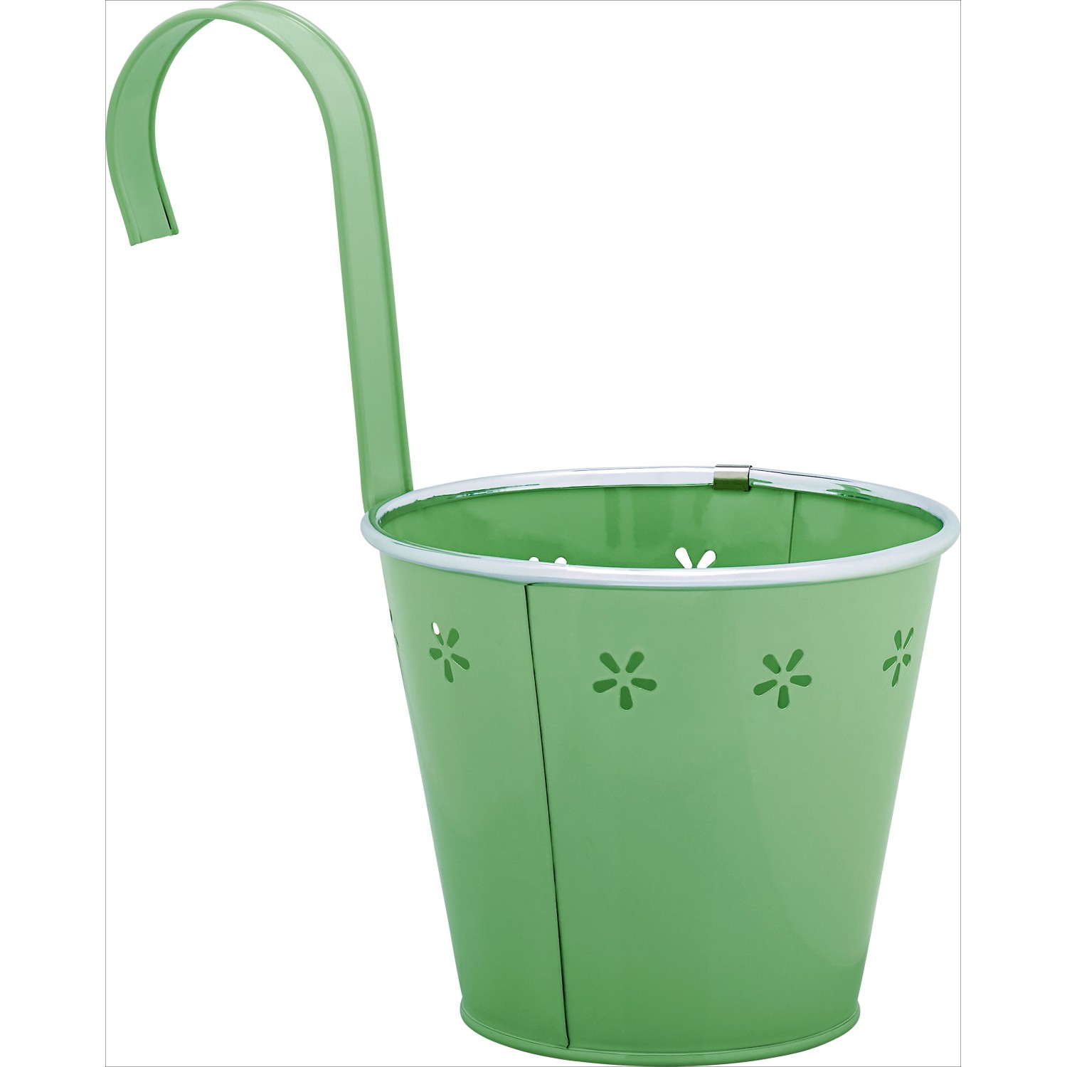 Grüner Hänge-Übertopf aus Metall mit Blumenmuster für Balkon und Terrasse.