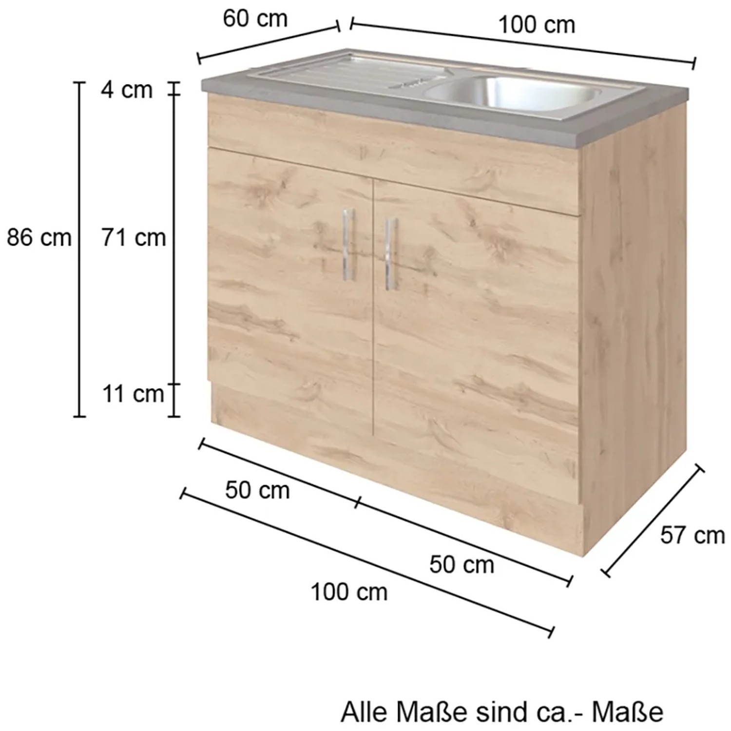 Held Möbel Spülenschrank Sorrento, 100x85x60 cm, 2-türig, Wotaneiche Dekor. Spülenunterschrank mit Metallgriffen.