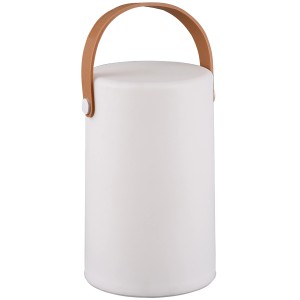 Weiße LED-Tischleuchte Aruba für den Außenbereich mit Tragegriff.