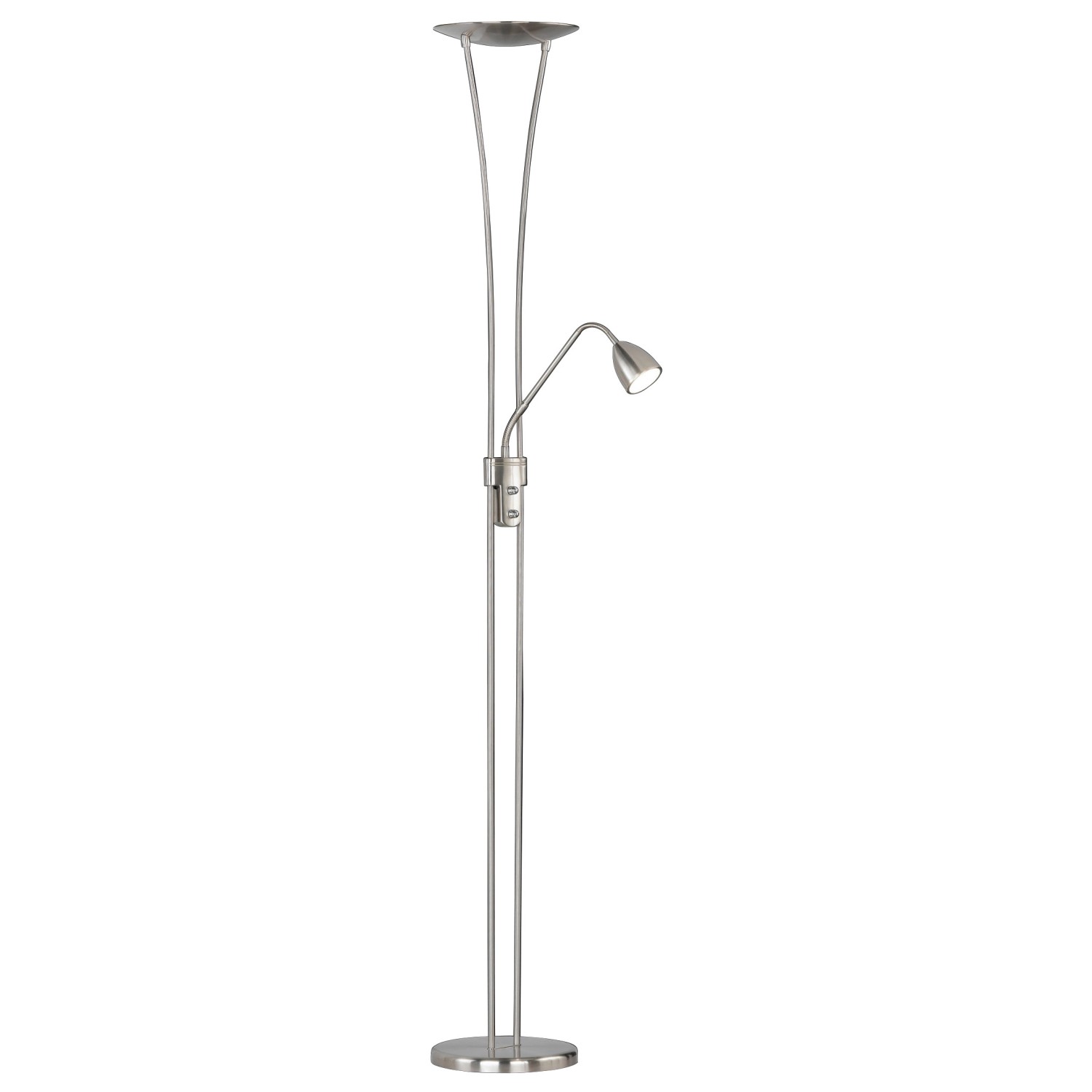 Moderner LED-Deckenfluter in Nickel matt mit Lesearm, 180 cm hoch.