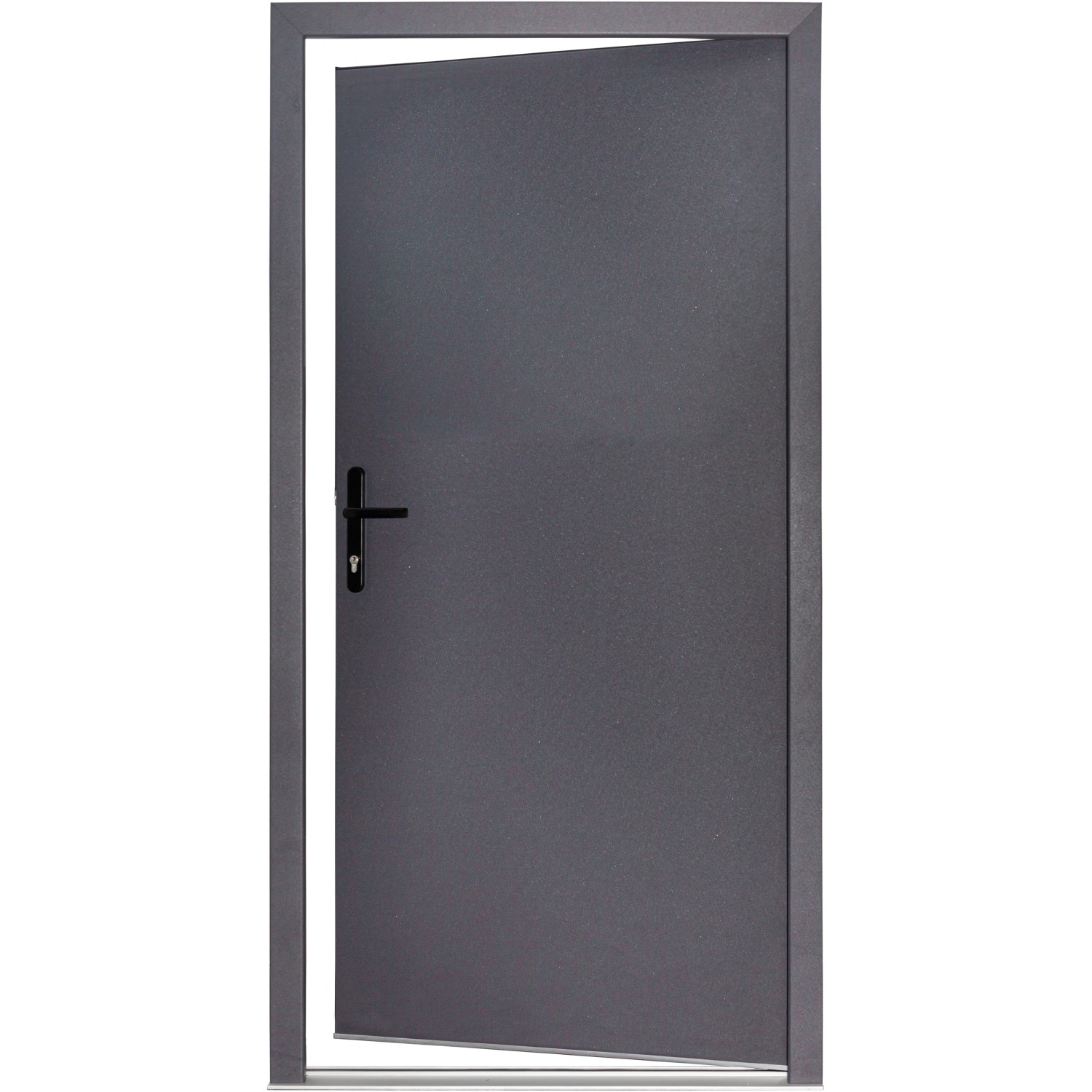 Geöffnete, anthrazitfarbene Stahl-Nebeneingangstür NS1, 88x198 cm, Linksanschlag.