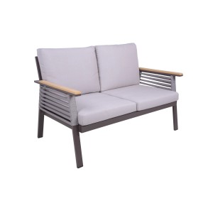 Garden Pleasure Lounge-Gruppe Denia, 2-Sitzer Sofa in Dunkelbraun/Grau mit beigen Kissen.