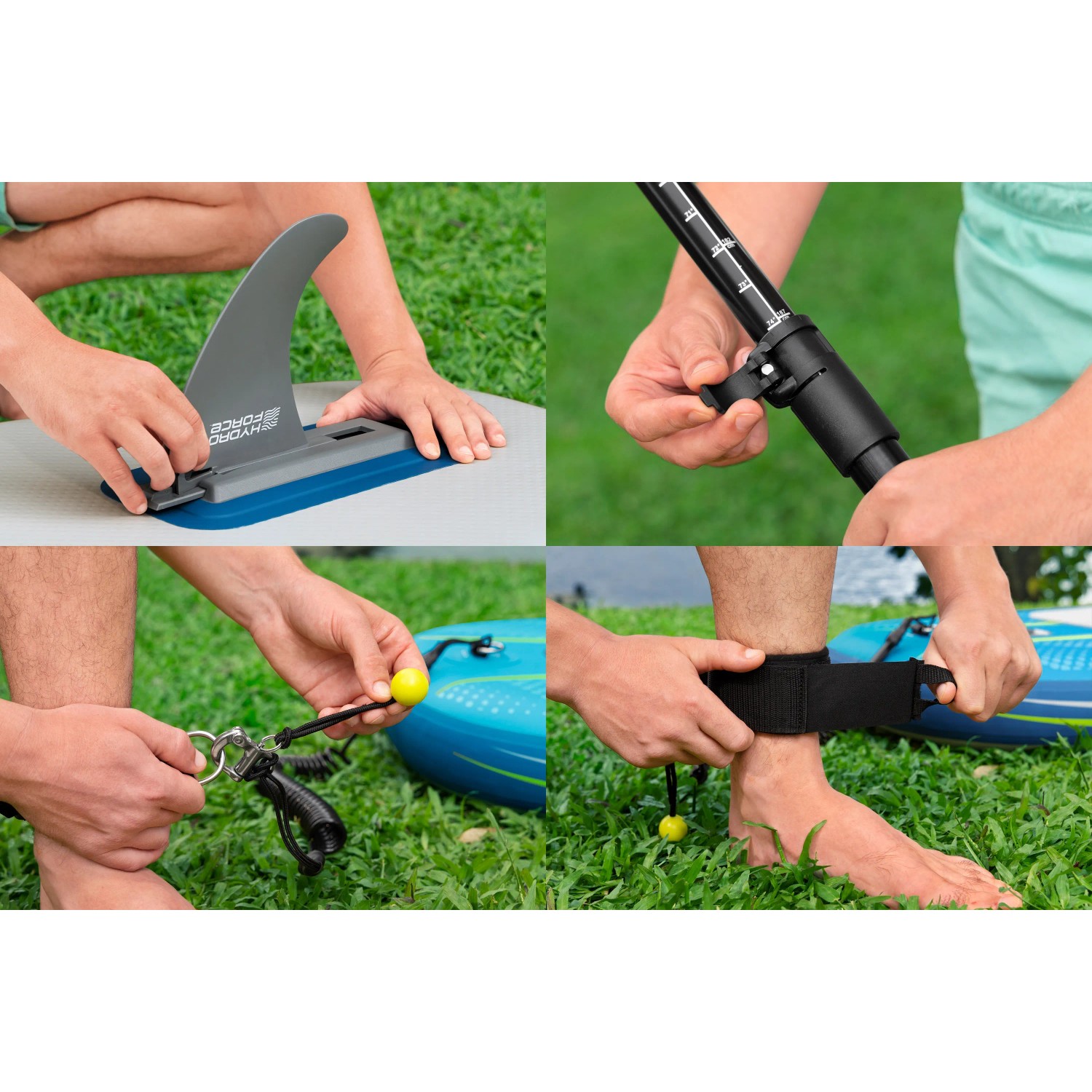 Bestway SUP Board Aqua Journey: Details zu Finne, Paddel, Leash und Pumpe im Set.