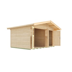 Unbehandeltes Weka Holz-Gartenhaus Lago mit Satteldach und geöffneten Türen.