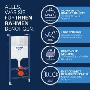 Grohe Solido Compact WC-Installationsrahmen mit Spülkasten. Stabil, leise Spülung, 400kg Tragkraft, Easy-Connect.
