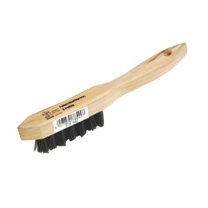 Kleine LUX Drahtbürste mit Holzgriff und drei Reihen Stahldraht für Reinigungsarbeiten.