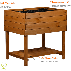 Bernsteinfarbenes Holz-Hochbeet Dobar Magic Kubus 2.0 mit Ablagefläche und Pflanzfolie.