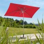 Roter Schneider Marktschirm (300x200 cm) mit Knickfunktion im Garten.