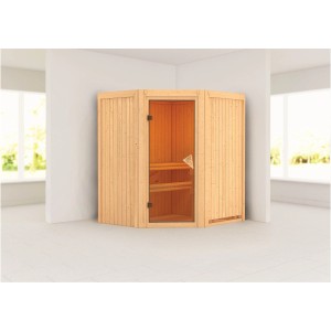 Karibu Sauna Natur, Elementsauna mit Eckeinstieg und Glastür aus nordischer Fichte.