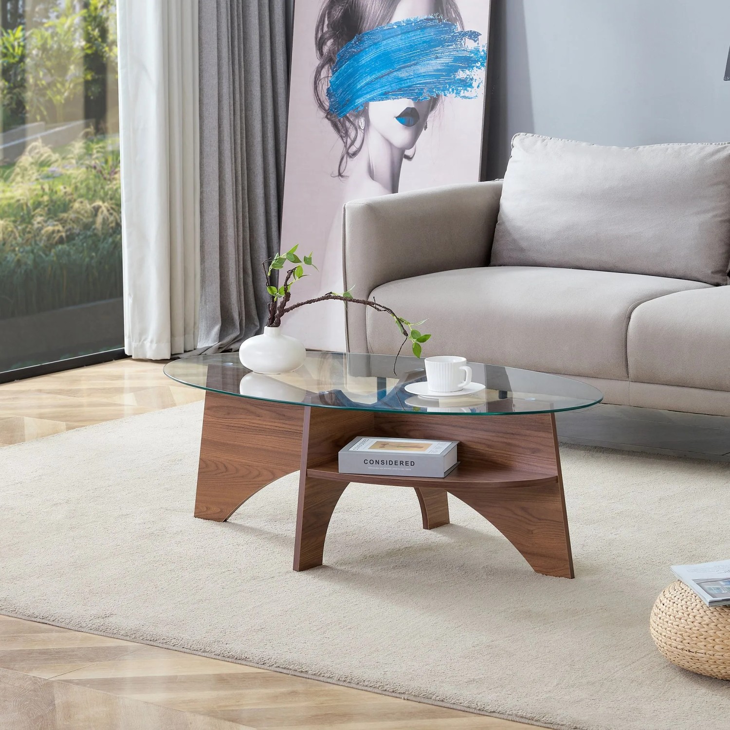 okwish Beistelltisch mit Sicherheitsglas Fächerförmiges Gestell Esszimmer Büro 105x60x35cm Braun_3