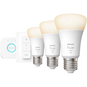 Philips Hue Starter Set: 3 E27 Leuchtmittel, Dimmschalter und Hue Bridge für smarte Beleuchtung.