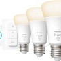 Philips Hue Starter Set: 3 E27 Leuchtmittel, Dimmschalter und Hue Bridge für smarte Beleuchtung.
