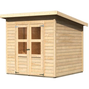 Karibu Holz-Gartenhaus Neuenburg 2, naturbelassen, mit Doppeltür und Pultdach.