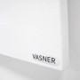 Detailansicht der weißen Vasner Infrarotheizung Citara M Metall, 1100 W, mit Logo.