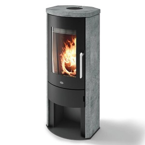 Blaze Kaminofen Ginevra Speckstein, 7 kW, grau. Ofen mit Sichtfenster und Holzfach.